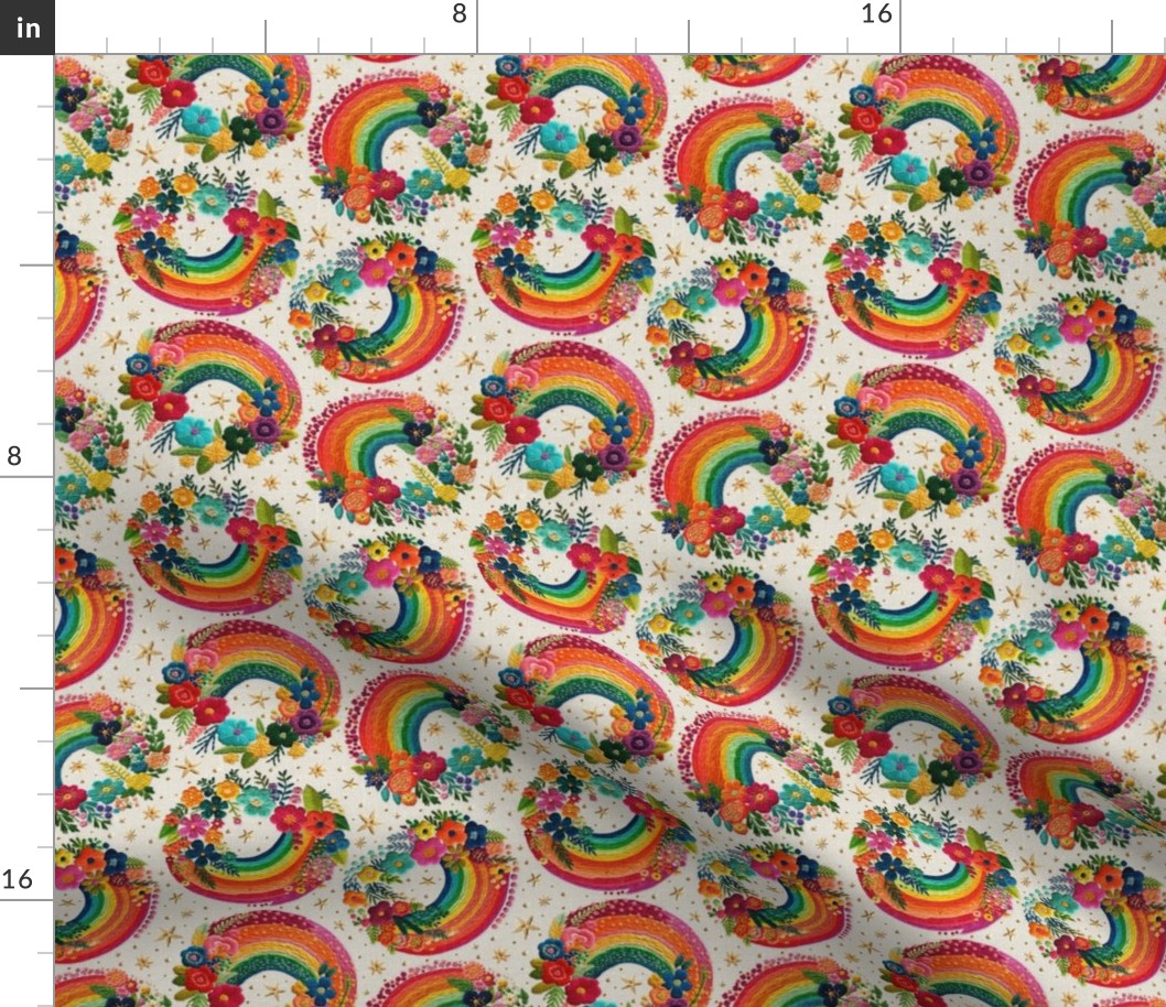 Bright Floral Rainbow Embroidery Cream BG - Small Scale