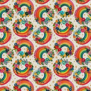 Bright Floral Rainbow Embroidery Cream BG - Medium Scale