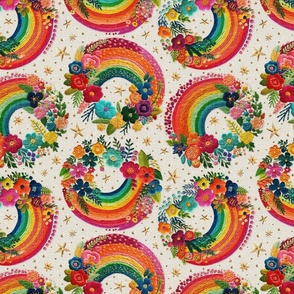 Bright Floral Rainbow Embroidery Cream BG - Large Scale