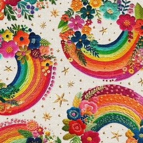 Bright Floral Rainbow Embroidery Cream BG - XL Scale
