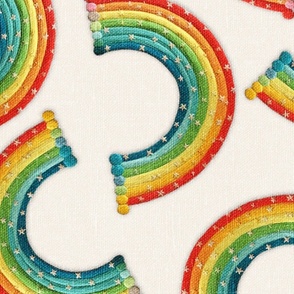 Embroidered Star Rainbows Cream BG Rotated - XL Scale