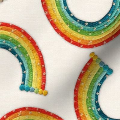 Embroidered Star Rainbows Cream BG - Large Scale