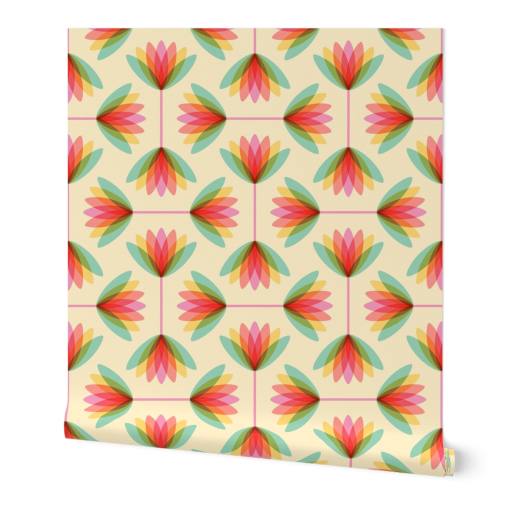 Medium scale / Ombré rainbow lotus florals on cream / multicolored abstract pastel watercolor flowers in green yellow orange pink and light ivory beige / retro whimsical geometric vintage tropical lily nursery art deco