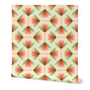 Medium scale / Ombré rainbow lotus florals on cream / multicolored abstract pastel watercolor flowers in green yellow orange pink and light ivory beige / retro whimsical geometric vintage tropical lily nursery art deco