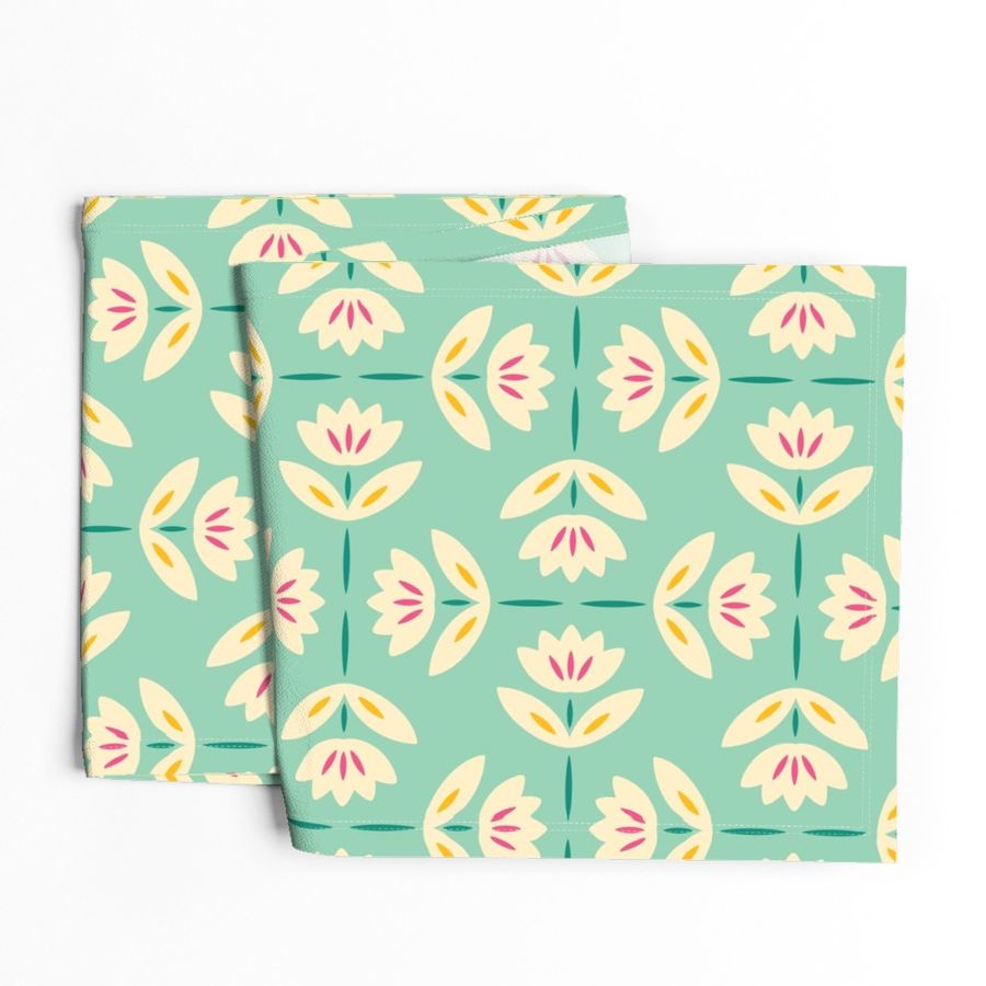 Medium scale / Soft beige lotus flowers on mint teal green / Cute dainty pastels pretty florals in light creamy ivory bright pink yellow and celadon pistachio / Minimal mid century modern abstract