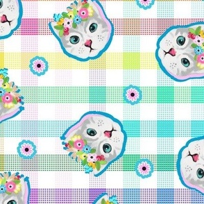 Cheerful checks - multicolored , flower pops and cats - large print.