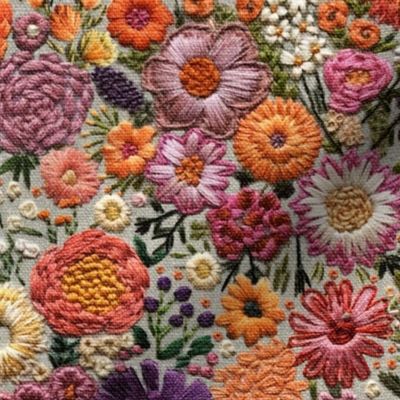 Summer Floral Embroidery Pink_ Purple_ Orange - Large Scale