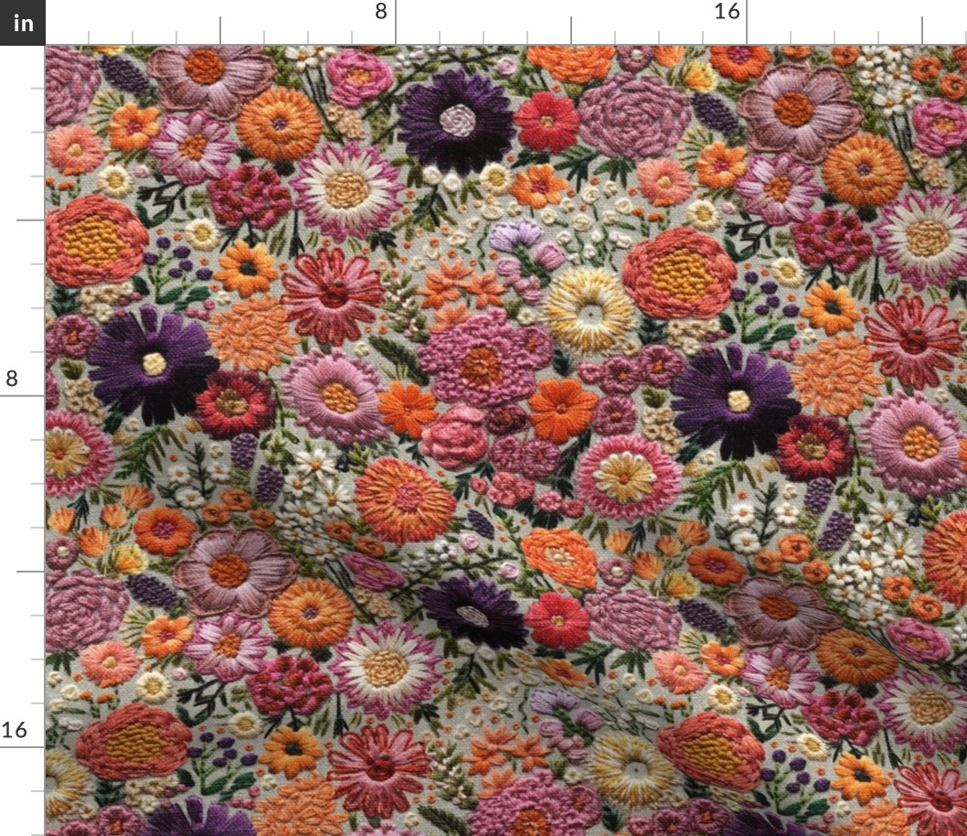 Summer Floral Embroidery Pink_ Purple_ Orange - Large Scale