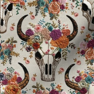 Western Floral Skull Embroidery - Medium Scale