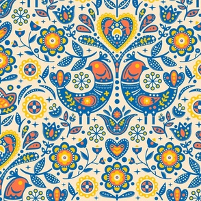 Scandinavian Birds and Flowers Damask / Blue, Yellow and Red Version / Large Scale or Wallpaper