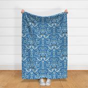 Scandinavian Birds and Flowers Damask / All Blue Version / Large Scale or Wallpaper
