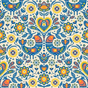 Scandinavian Birds and Flowers Damask / Blue, Yellow and Red Version / Medium Scale