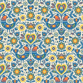 Scandinavian Birds and Flowers Damask / Blue, Yellow and Red Version / Small Scale