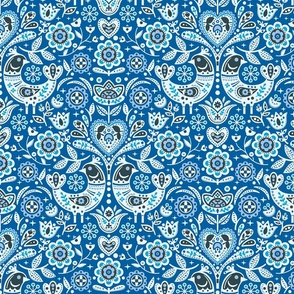 Scandinavian Birds and Flowers Damask / All Blue Version / Small Scale