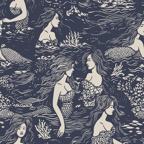 Indigo Mermaids - Pair with other indigo patterns