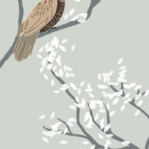 romantic birds in a tree white leaves or flowers on a grey / silver neutral background - large scale