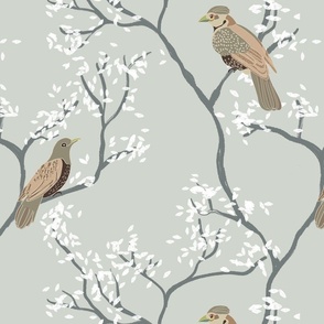 romantic birds in a tree white leaves or flowers on a grey / silver neutral background - medium scale