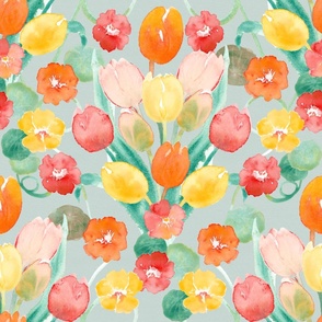 Watercolour Tulips and Nasturtiums traditional light teal extra large scale 24 inch