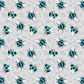 Turquoise bees on grey honeycomb 