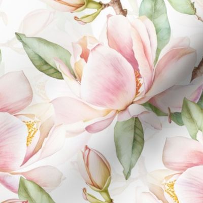 14" vintage soft pink tropical antique magnolia flowers, exotic blossoms, green leaves, white double layer