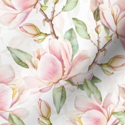 10" vintage soft pink tropical antique magnolia flowers, exotic blossoms, green leaves, white double layer