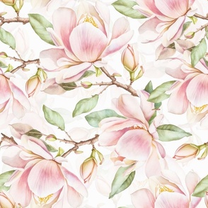 Turned left 18" vintage soft pink tropical antique magnolia flowers, exotic blossoms, green leaves, white double layer