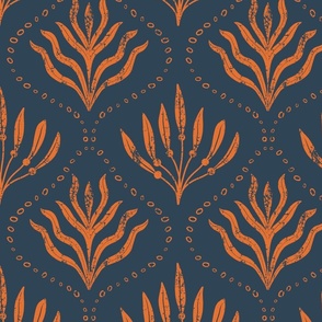 Summer Seaweed || Orange Seaweed  on Navy Blue || Summer Cove Collection by Sarah Price