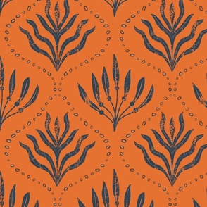 Summer Seaweed || Navy Blue Seaweed  on Orange || Summer Cove Collection by Sarah Price