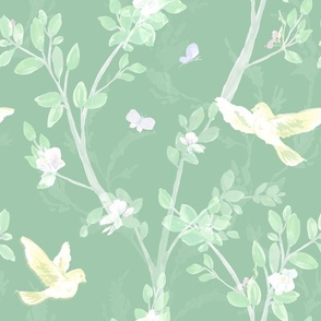 Chinoiserie Sage Green Watercolor,  Chinoiserie Fabric in Green, LARGE, birds