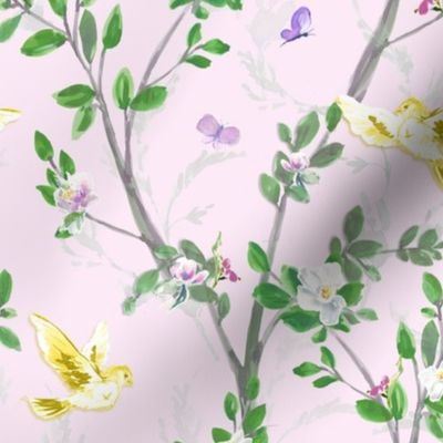 Watercolor Chinoiserie Pink with Butterflies,  Garden, Green and Pink, SMALL, Lattice