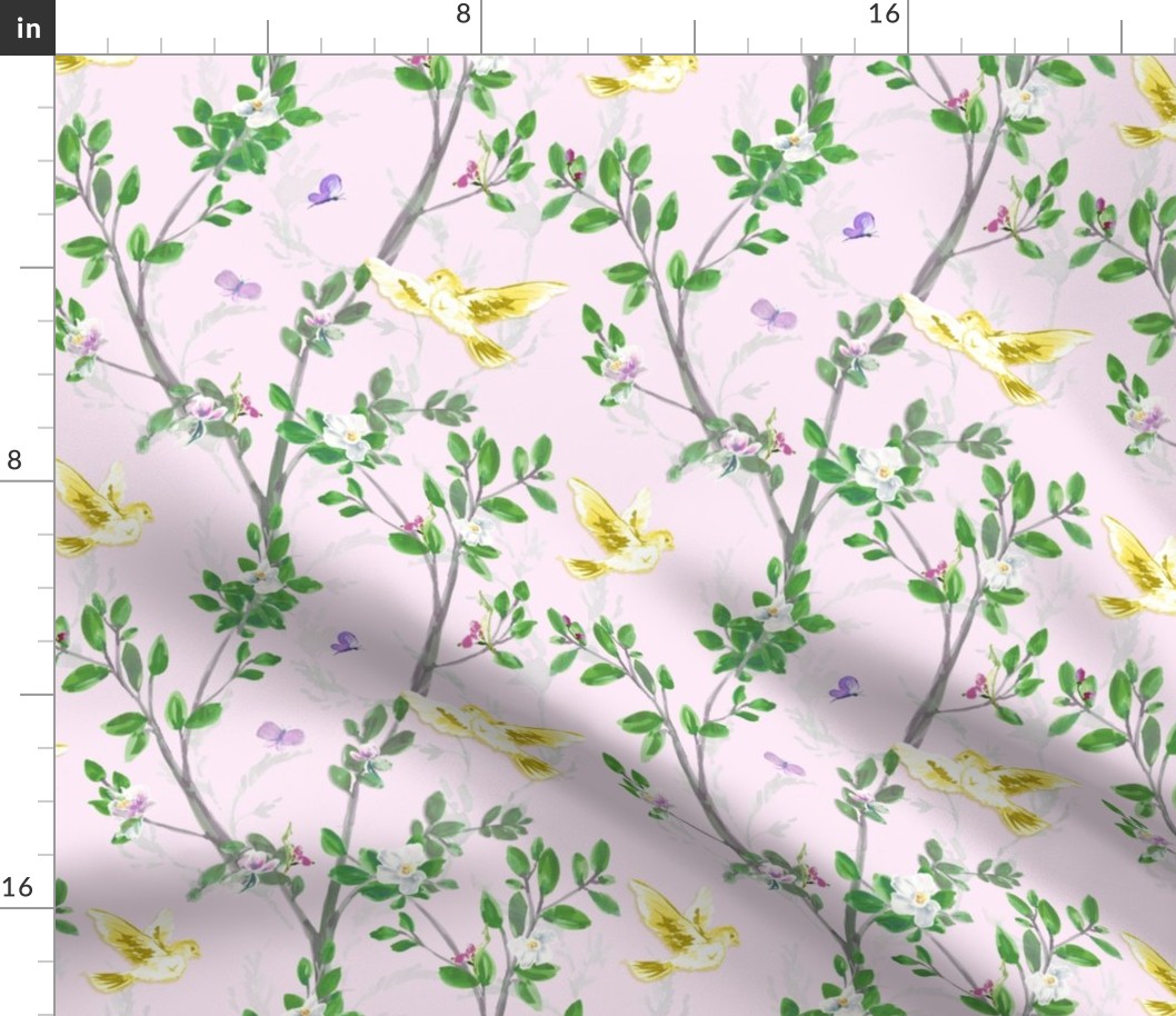 Watercolor Chinoiserie Pink with Butterflies,  Garden, Green and Pink, SMALL, Lattice