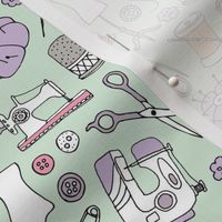 I love to sew - handmade sewing machine stitch needle and DIY supply illustration vintage creative fashion seamstress school theme lilac orange on mist green