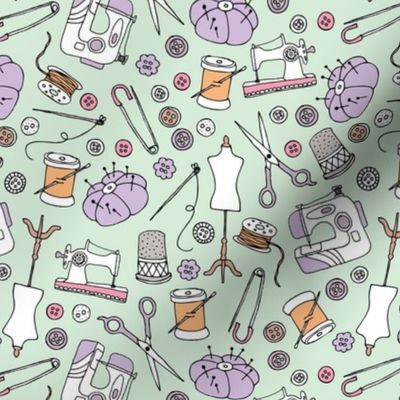 I love to sew - handmade sewing machine stitch needle and DIY supply illustration vintage creative fashion seamstress school theme lilac orange on mist green