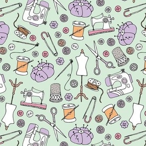 I love to sew - handmade sewing machine stitch needle and DIY supply illustration vintage creative fashion seamstress school theme lilac orange on mist green