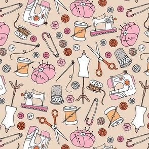 I love to sew - handmade sewing machine stitch needle and DIY supply illustration vintage creative seamstress fashion school theme pink orange on sand 