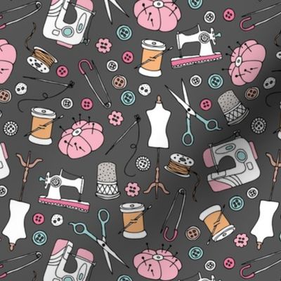 I love to sew - handmade sewing machine stitch needle and DIY supply illustration vintage creative seamstress fashion school theme pink orange on charcoal gray