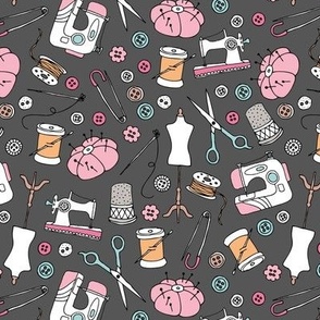 I love to sew - handmade sewing machine stitch needle and DIY supply illustration vintage creative seamstress fashion school theme pink orange on charcoal gray