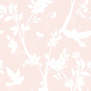 Chinoiserie Trees, Soft Pink Silhouette Wallpaper, LARGE Scale, birds, White and Pale Pink