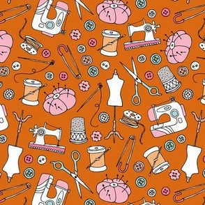 I love to sew - handmade sewing machine stitch needle and DIY supply illustration vintage creative seamstress fashion school theme pink teal orange on burnt orange