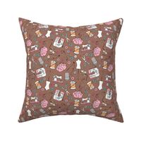 I love to sew - handmade sewing machine stitch needle and DIY supply illustration vintage creative seamstress fashion school theme pink orange on chocolate brown