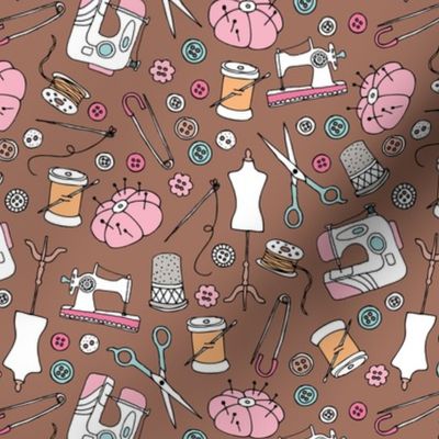 I love to sew - handmade sewing machine stitch needle and DIY supply illustration vintage creative seamstress fashion school theme pink orange on chocolate brown