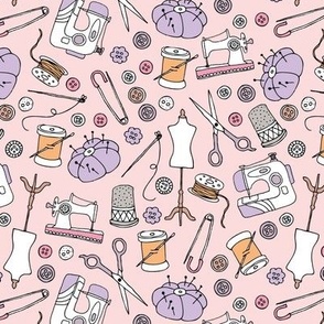 I love to sew - handmade sewing machine stitch needle and DIY supply illustration vintage creative seamstress fashion school theme pink orange on soft pink