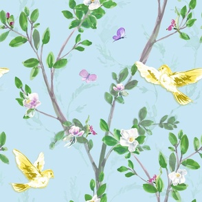 Spring Chinoiserie Blue, LARGE, Butterly Fabric,  Bird Wallpaper, Trees