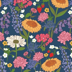 Whimsical Floral Wallpaper - colorful bright and happy flowers - blue - medium