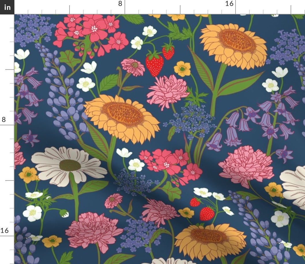 Whimsical Floral Wallpaper - colorful bright and happy flowers - blue - medium