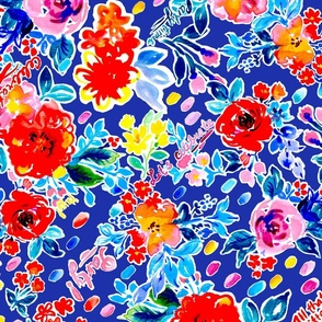 Party! Yayy! Bold florals for Birthday and other celebrations on blue Large scale