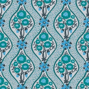 Doodle florals ogee in blue and green on gray background Medium scale