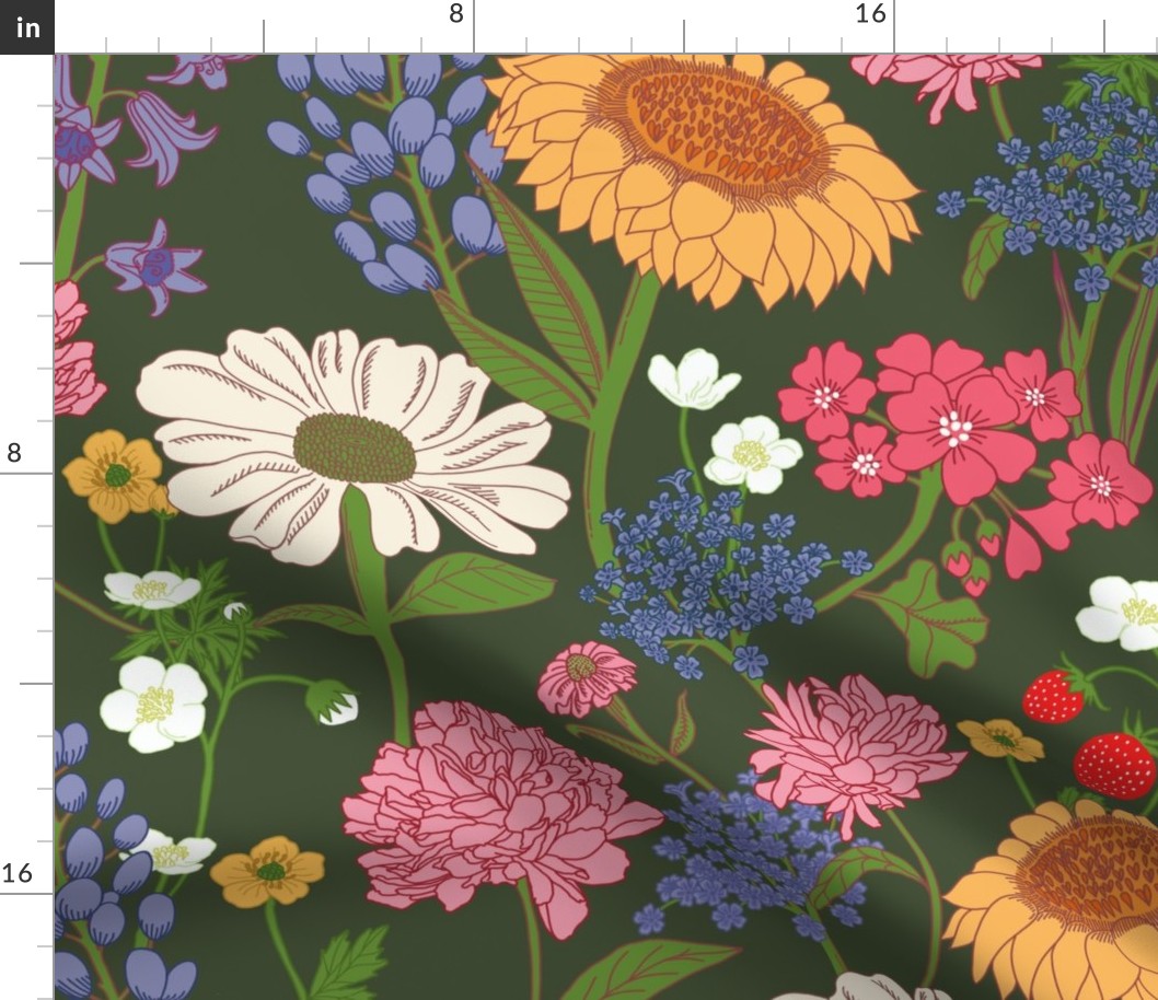 Whimsical Floral Wallpaper - colorful bright and happy flowers - green - large