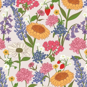 Whimsical Floral Wallpaper - colorful bright and happy flowers - off-white - medium