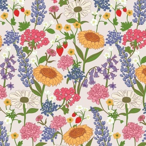 Whimsical Floral Wallpaper - colorful bright and happy flowers - off-white - small